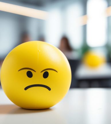 bekümmertes gelbes Smiley Symbol vor Büro-Hintergrund als Symbol für die Stellenkürzungen bei PostNetz